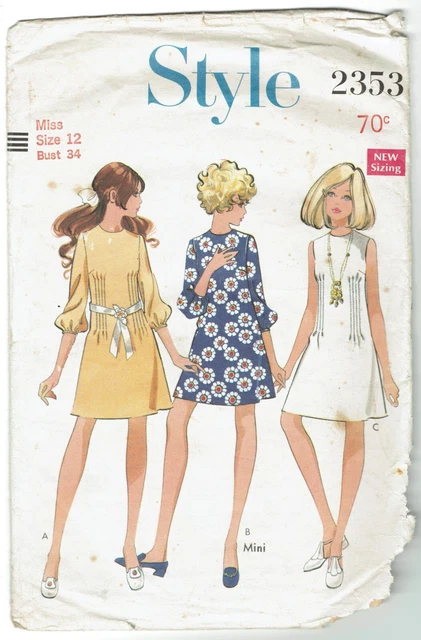 VINTAGE STYLE SEWING Pattern 2353 1969 A-line Dresses S12 Bust 34