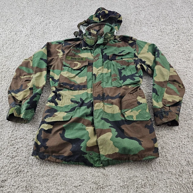 US Army Jacket Mens Small S Long Woodland Camo Cold Weather Field Coat Hooded