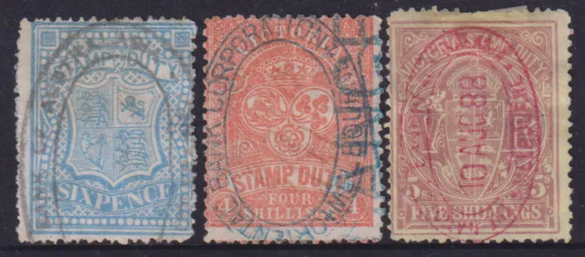 1884 Victoria 6d Blue, 4/- Orange/Red & 5/- Claret/Yellow Stamp Duties used