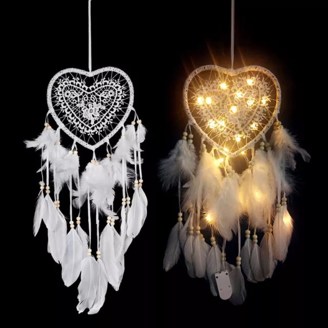 Dreamcatcher LED Herz Traumfänger mit Feder Wandbehang Träume Nacht Home Dekor