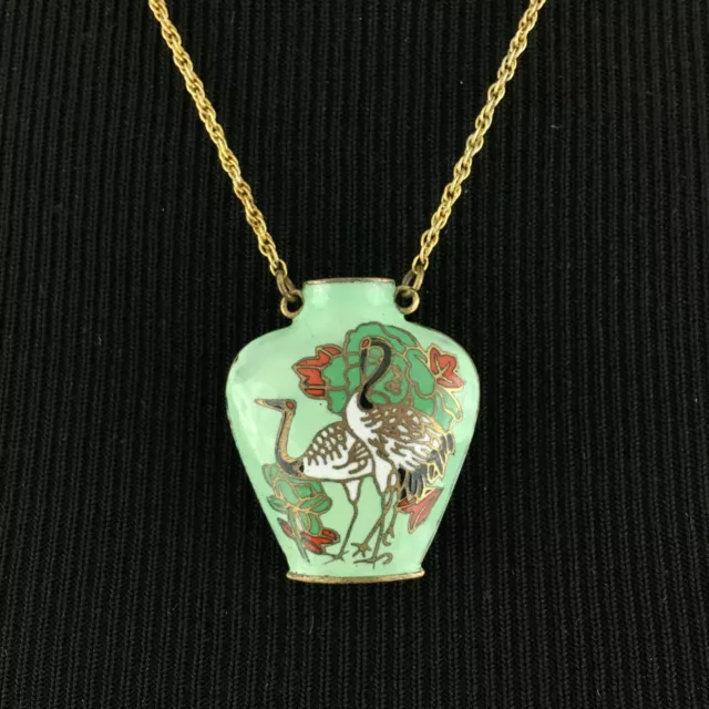 CLOISONNE vase or urn pendant necklace - vintage mint green cranes birds flowers