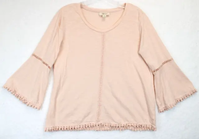 Style & Co Top Women Small Petite Summer Boho Crochet Trim 3/4 Bell Sleeve Pink