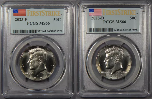 Lot of (2) 2023-P & -D Kennedy Half Dollar PCGS MS66 First Strike