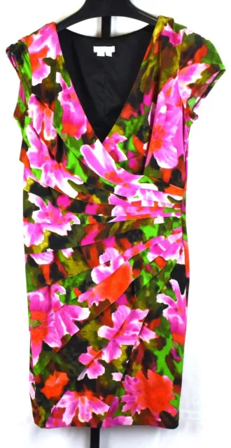 London Times Sheath Dress Size 14 Pink and Green Floral VNeck Cap Sleeve Tiered