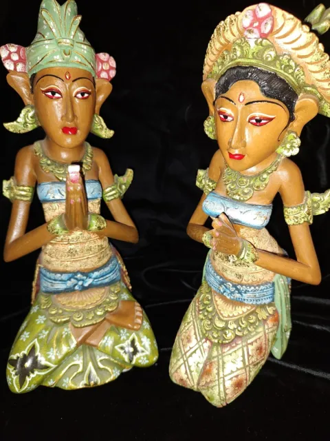 Two Balinese Women Guardian statues painted wood carving sculpture Bali Folk Art
