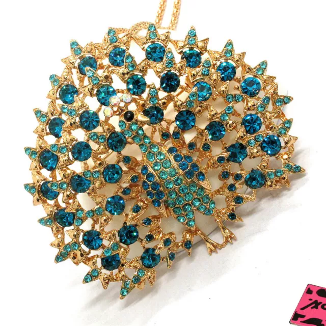 New Betsey Johnson Blue Crystal Bling Peacock Animal Pendant Chain Necklace 2