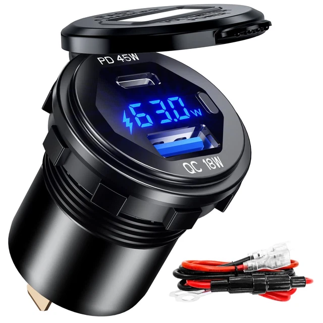USB C Steckdose 12V Auto Ladegerät 45W PD Type C & 18W QC 3.0 USB mit Schalter