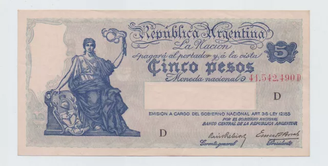 ARGENTINA - 5 PESOS NOTE P-252a ND (1935) - AU