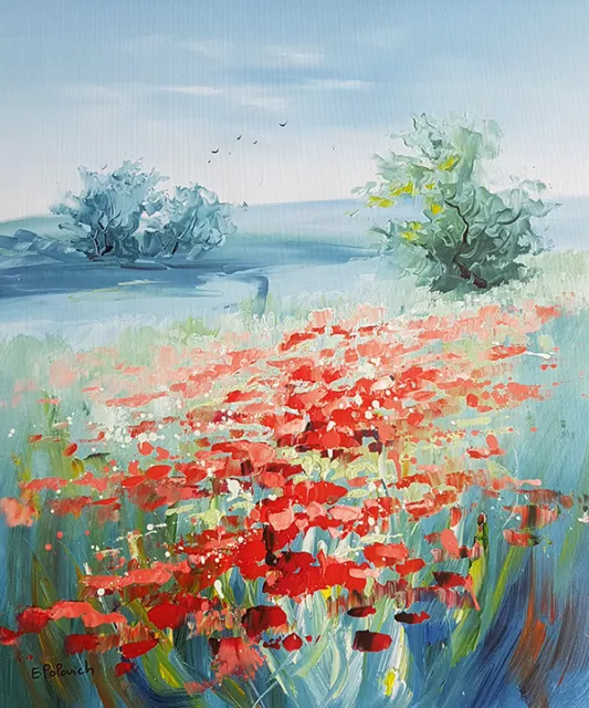 PAYSAGE ARBRE ET champs fleurs rouges, peinture acrylique sur toile  décoration EUR 49,00 - PicClick FR