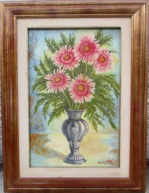 Il Vaso Di Peltro - Composizione Fiori - Vecchio Quadro Dipinto Olio Su Tela