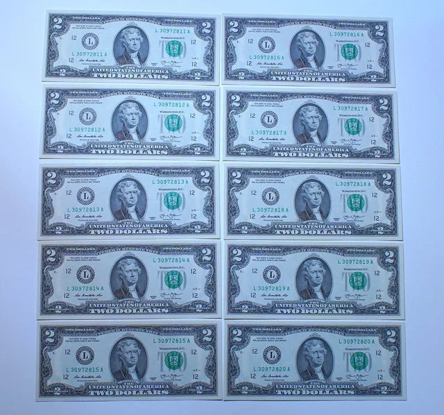 Ten (10) New Crisp 2013 Two Dollar Bills  – Serial numbers are in sequence.
