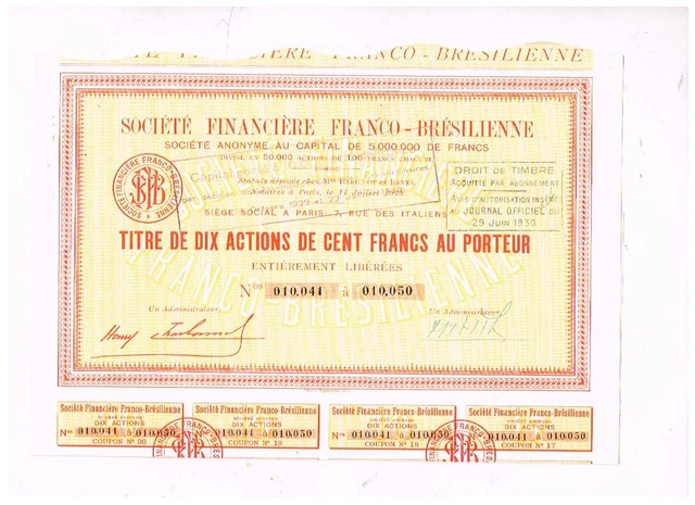 Societe Financiere Franco-Bresilienne, Paris1930, 3x100 FF, VF+
