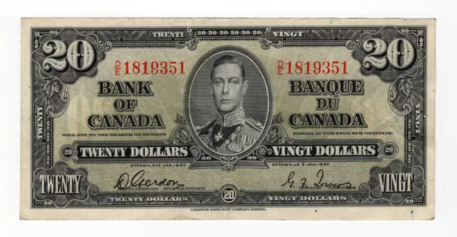 Bank of Canada 1937 $20 Twenty Dollars Gordon-Towers King George VI D/E Good VF