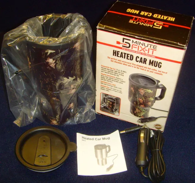 NEW•5 Minute Fix-It•Camouflage•13 oz•Heated Car Mug•w/Original Box/Adapter/Paper