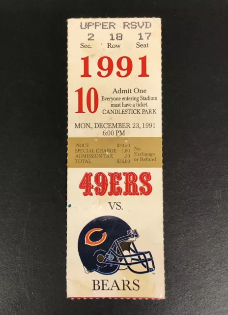 SF 49ers vs Chicago Bears Football Ticket Stub December 13, 1991 at Candlestick