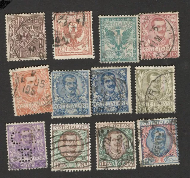 Italy - 12 Used Stamps - One Stamp Perfin -Victor Emanuel - Coat Of Arms-  1901.