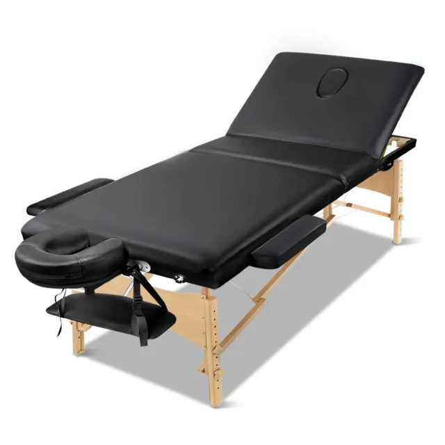 Zenses Massage Table 60cm Portable 3 Fold Wooden Beauty Waxing Therapy Bed Black