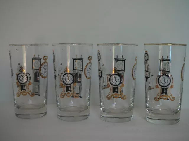 Set 4 Vtg MCM LIbby Black Gold Clocks High Ball Drinking Glasses Bundle