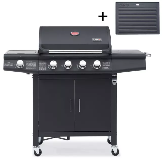 TAINO Gasgrill Set RED 4+1 + Grillplatte Bundle Griller Grillwagen Seitenkocher