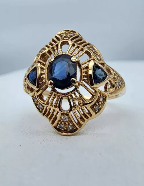 14k .585 Gold Peacock Sapphire & Diamond Art Deco Edwardian Sz 7 Ring Au 2498