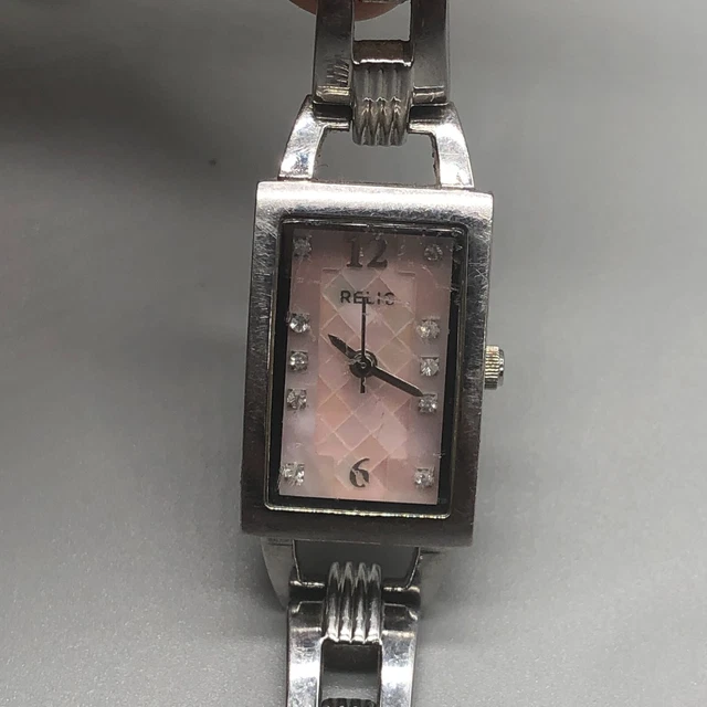 Relic Watch Women Silver Tone Rectangle Case Pink Dial New Battery 6.5"