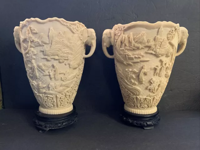Asian Chinese Japanese Resin Hand Carved Relief 2 Vases Elephant Handles Italy