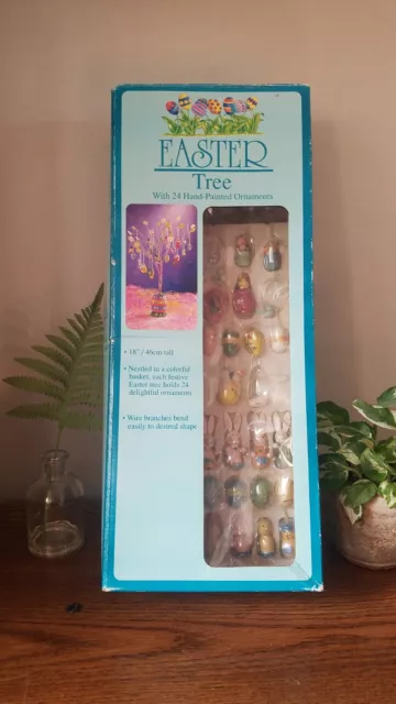 Easter Tree w/ Attached Egg Base, 24 Handpainted Wood Ornaments Original Box