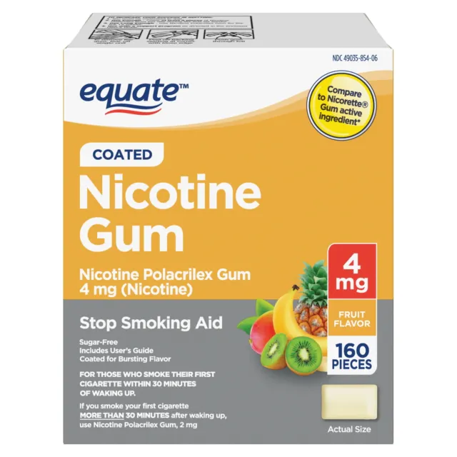 Equate Coated Nicotine Polacrilex Gum 4mg Fruit Flavor Stop Smoking Aid 160Count