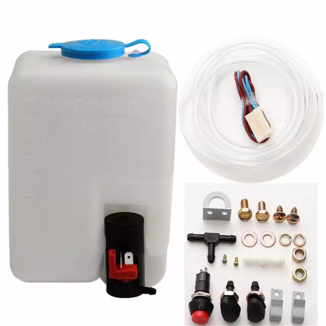 Universal Car Windshield Washer Reservoir Pump Bottle Kit w/ Hose Jets  12V 1.8L