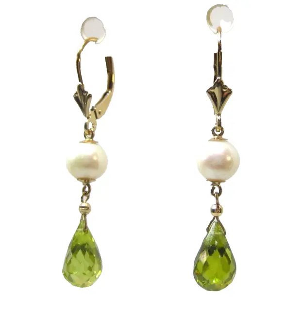 Solid 14KT Gold Natural Faceted Peridot and Cultured  Akoya Pearl Earrings