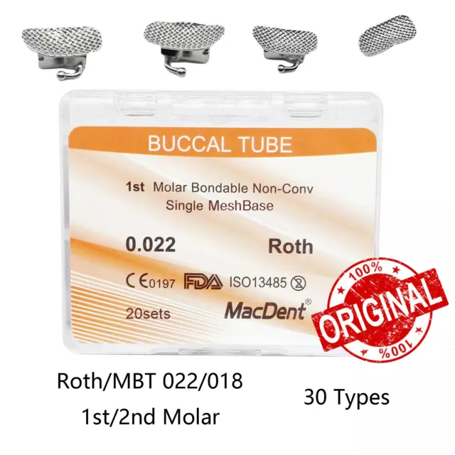 MacDent Dental Orthodontic Sgl Buccal Tubes 1st 2nd Molar Tube Roth MBT.022 .018 2