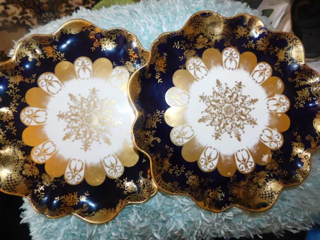 Pair Antique Cabinet Plates Aynsley 3373 Highly Gilded Cobalt Blue Scallop Rims