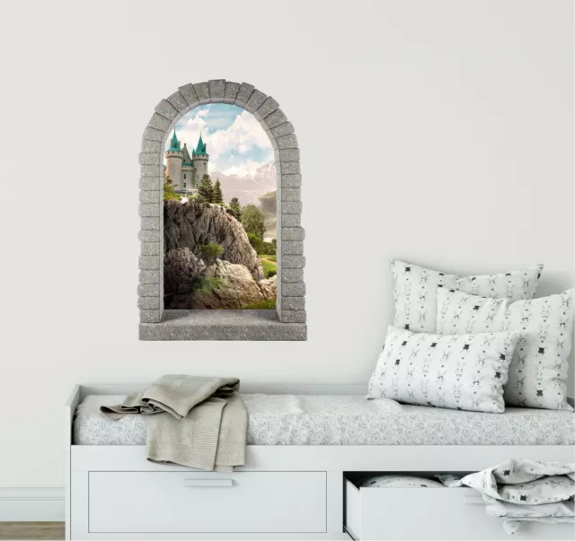 Fairytale Castle On Cliff 3D Window Wall Decal Removable Vinyl Stickers Nursery