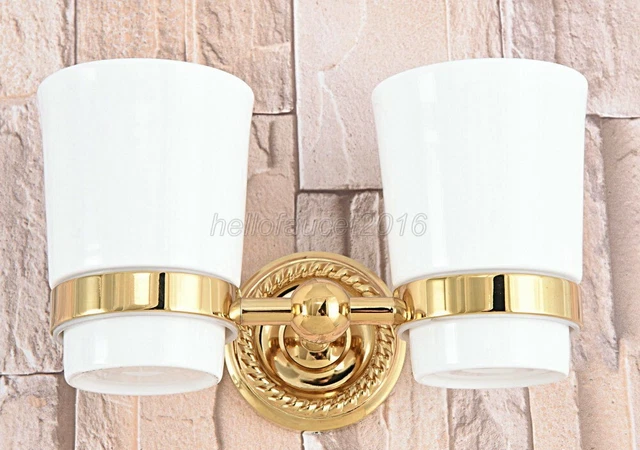 Gold Color Brass Toothbrush Holder Double Ceramic Cup Holder Wall Mounted Lba599