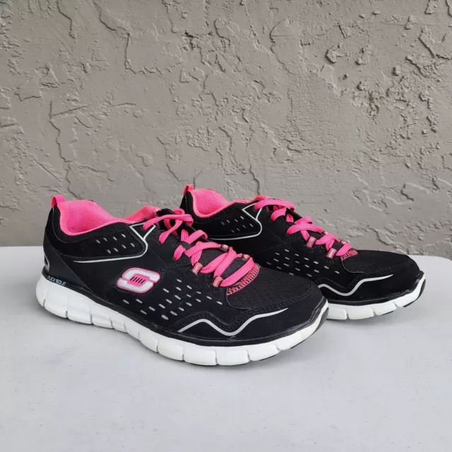 Skechers Sneaker Shoes Womens 9.5 Leather Black Pink Running Memory Foam Flex