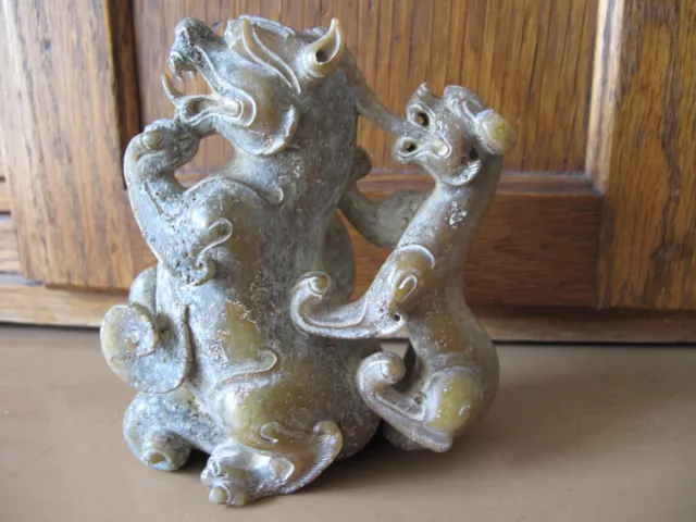 8.2" Old Han Dynasty Natural Hetian Jade Carved Fengshui Dragon Beast Statue