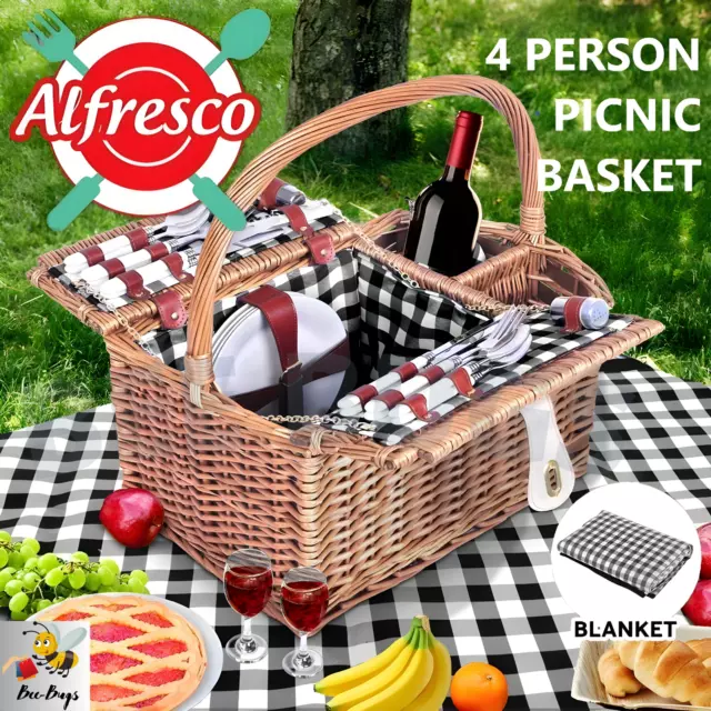 Alfresco 4 Person Picnic Basket Set Basket Outdoor Insulated Blanket Deluxe