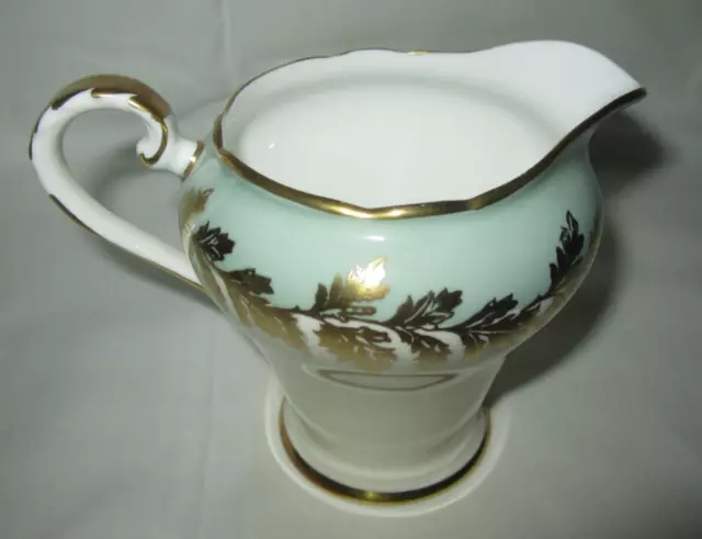 Vtg Aynsley Sherwood pattern creamer pitcher & open sugar bowl, mint green gold 3