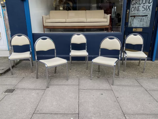 5 x Chrome Beige Leatherette Dining Chairs Hollywood Regency 1970s Vintage Zevi