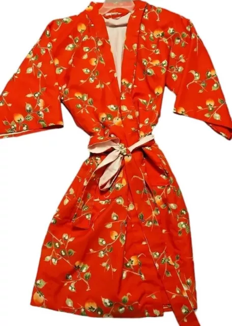 Vtg Japanese Kimono Robe Womens Medium Large Red Floral Belted Made In Japan