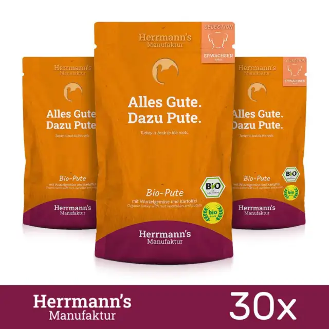 30 x Herrmanns Alimento para perro Pavo orgánico con verduras de raíz Patatas Alimento para mascotas 150 g