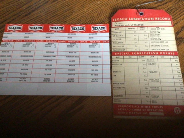 Origina Texaco 1940’s Lubrication Record Tag With Wire & (5) Oil Change Stickers