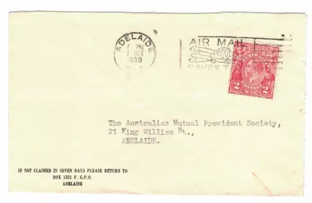 APH1490) Australia 1930 2d Red KGV Die 3 variety on cover to AMP Society,