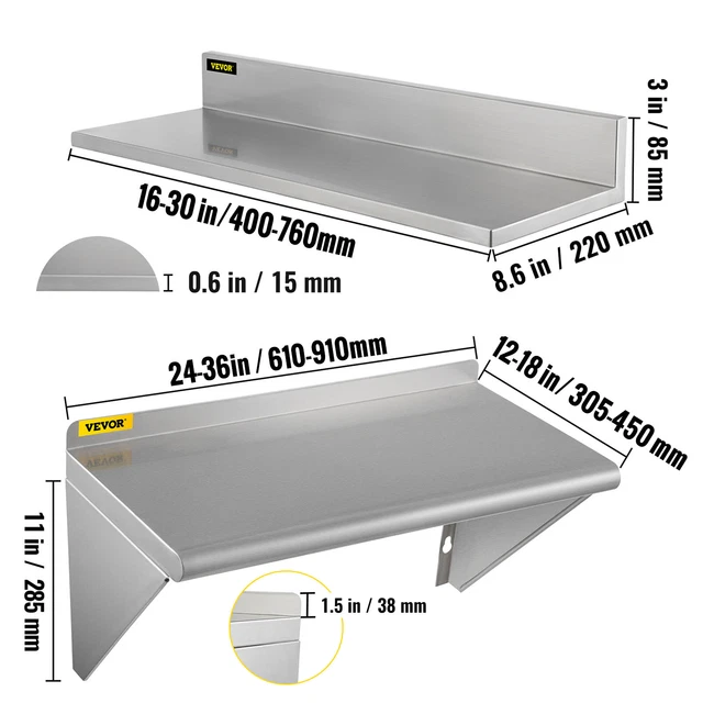 VEVOR Stainless Steel Wall Shelf Commercial Kitchen Shelf Multi-sizes w/Brackets 2
