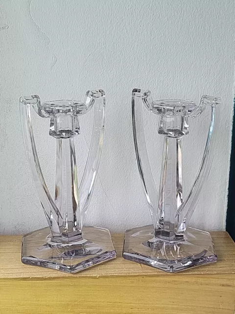 Stunning Pair Of Art Deco JEFFERSON KRYS-TOL CHIPPENDALE GLASS CANDLESTICKS