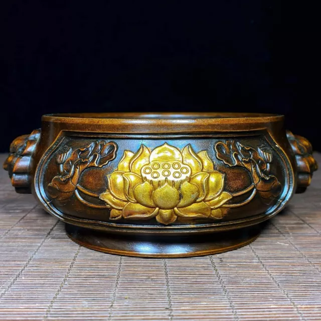 6.49" Chian Antique Gilt copper Lotus Incense burner