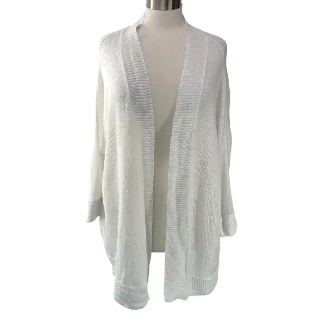 Eileen Fisher Size XL Cardigan White Open Knit 100% Organic Linen Open Front
