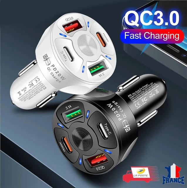 Chargeur Rapide Voiture Allume Cigare USB Type-C PD20W QC3.0 Adaptateur 4 PORTS