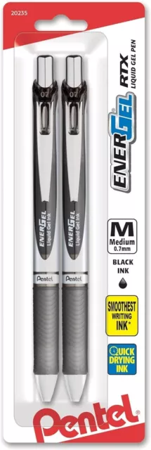 Pentel EnerGel Deluxe RTX 0.7mm Black Gel Pen, Retractable, Metal Tip, 2-Pack