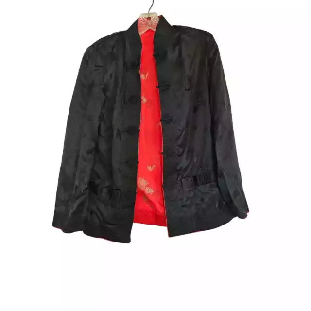 Oriental Jacket Black Red Reversible Chinoiserie Traditional Ethnic Floral S / M